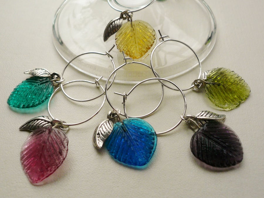 Glass and Small Silver Leaf Wine Glass Charms Set of 6  WG9