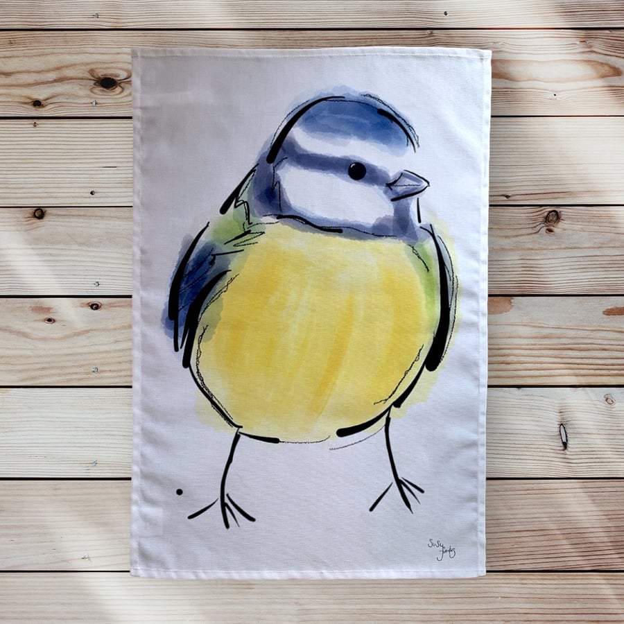 Blue Tit Bird Tea Towel, 100% Cotton, Large Tea Towel, Superior Cotton, Birds