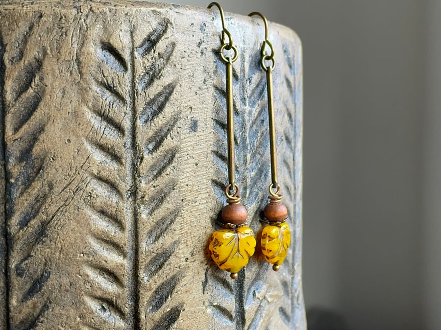 Rustic Yellow Glass Maple Leaf Earrings. Autumn Earrings. Nature Lover Gift