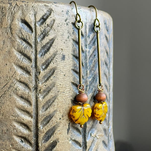 Rustic Yellow Glass Maple Leaf Earrings. Autumn Earrings. Nature Lover Gift