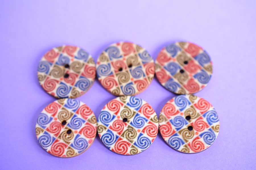 Wooden Mandala Patterned Buttons Brown Blue Green 6pk 25mm (M14)
