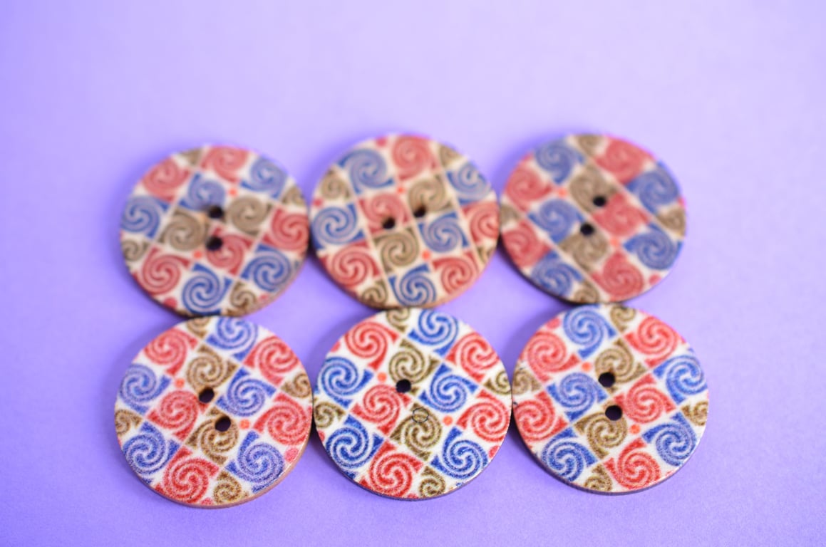 Wooden Mandala Patterned Buttons Brown Blue Green 6pk 25mm (M14)