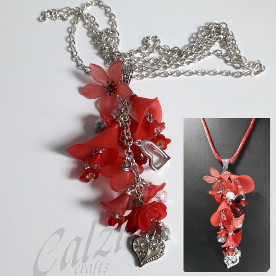 Red & Silver Lucite Flower Necklace