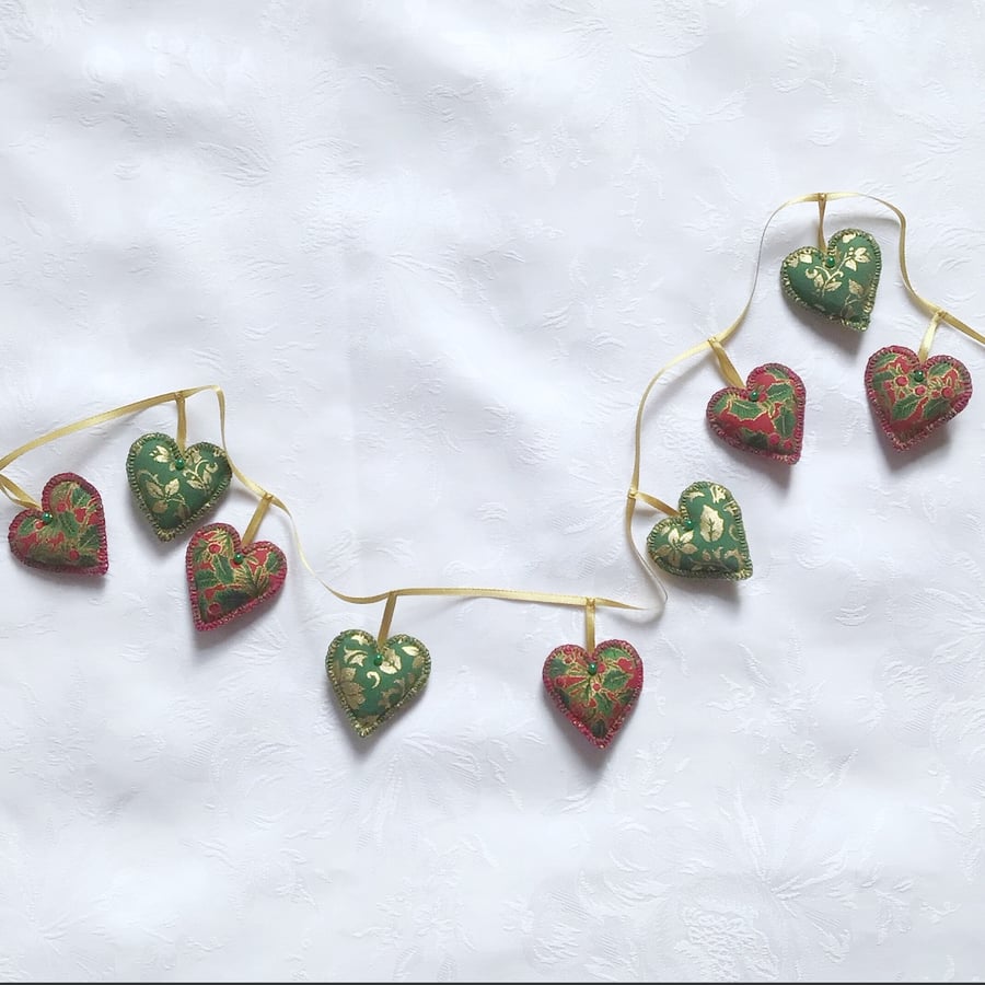 Red, green, gold, Christmas garland, heart bunting, hand stitched, traditional 