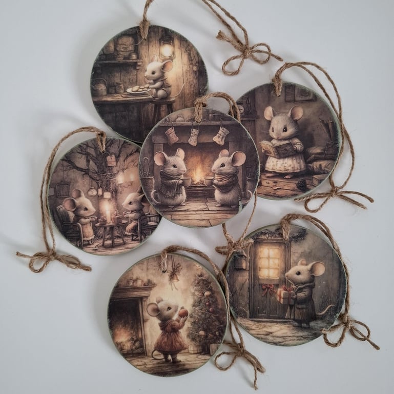Set of 6 Vintage Mouse Christmas Ornaments, Decoupaged Wooden Slice Tree Decor