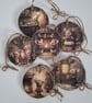 Set of 6 Vintage Mouse Christmas Ornaments, Decoupaged Wooden Slice Tree Decor