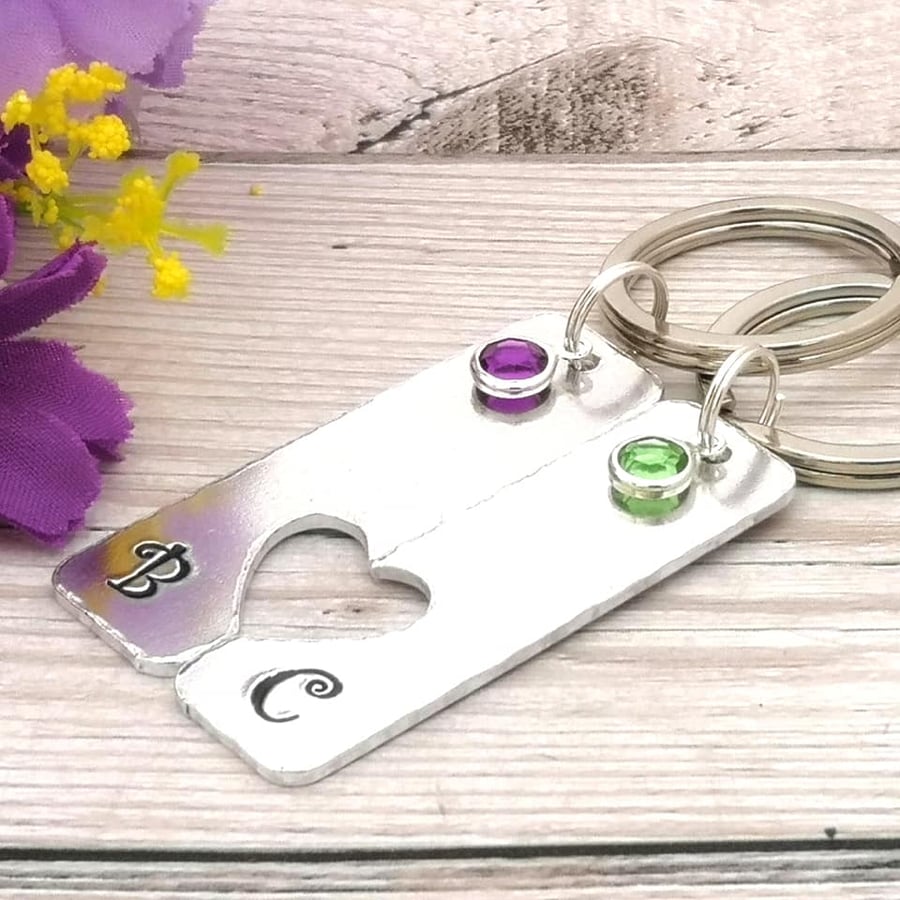 Personalised Couples Keyring Pair With Birthstone Crystal - Matching Keychain