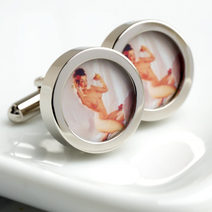  Sunbathing Nude Pin Up Cufflinks Erotic Vintage Fun