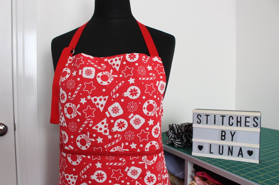Handmade Red Christmas Festive Prints Standard Adult Size Holiday Chef Apron