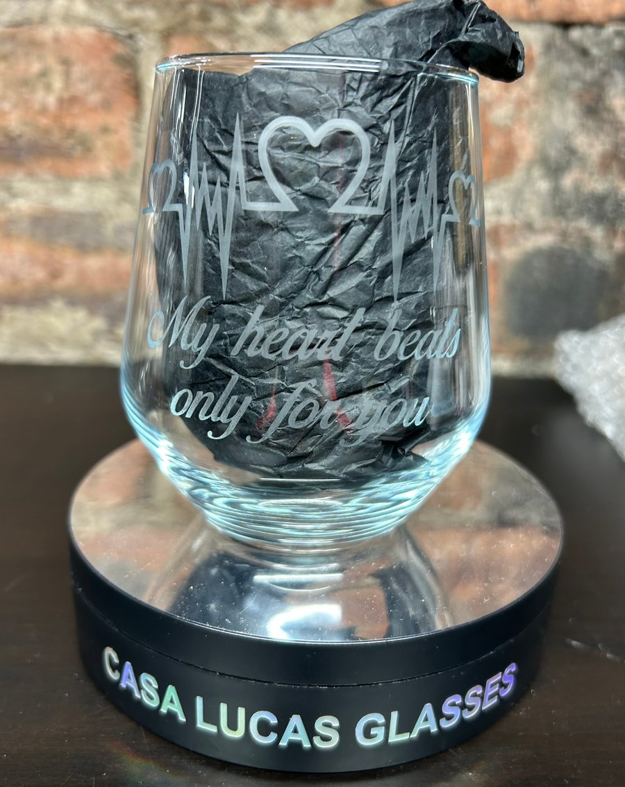 Hand Etched Wine Glass My Heart Beats Only For You