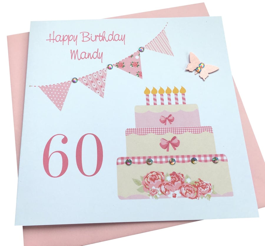 Handmade Personalised Pink Cake & Bunting Birthday Card