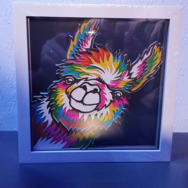 Llama wall art, multi coloured shadow box, wall decoration, Gift idea.Sahdow art