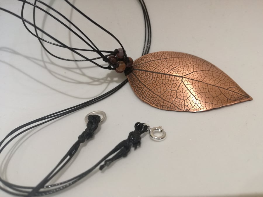 Copper leaf pendant with jasper beads