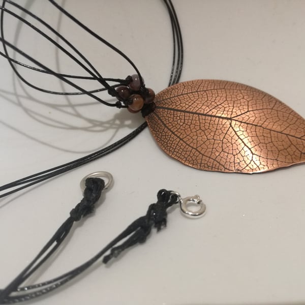Copper leaf pendant with jasper beads