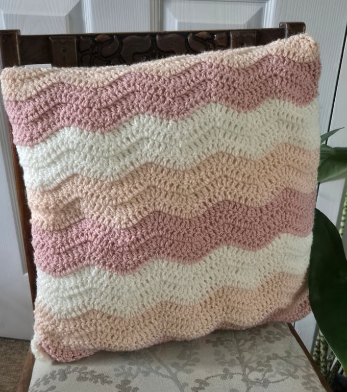 Handmade crochet cushion cover, ripple design, pastel colours 
