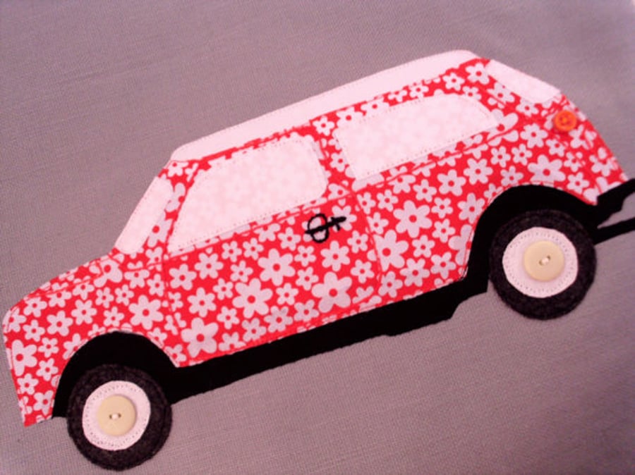 Mini car cushion,applique pillow,classic car cushion, floral car,nursery decor 