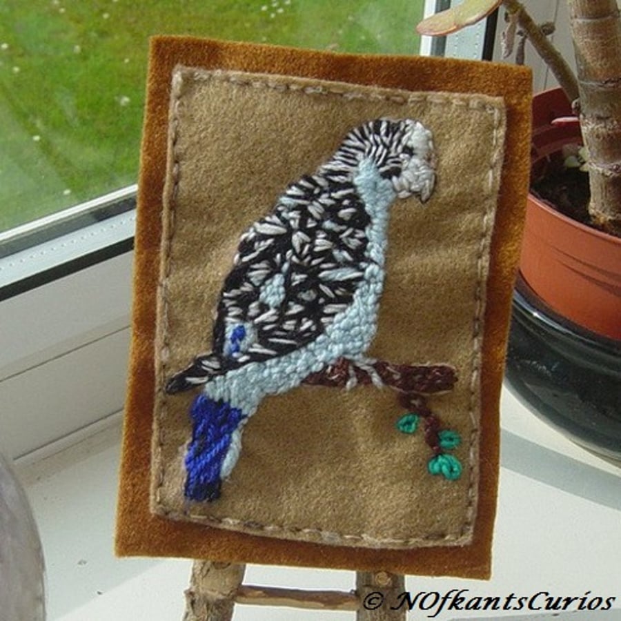 Blue Budgie, Embroidered Yarn and Felt Picture of a Budgerigar!