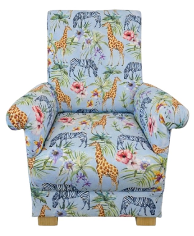 Children's Armchair Kids Chair Serengeti Animals Fabric Boys Girls Blue Zebras