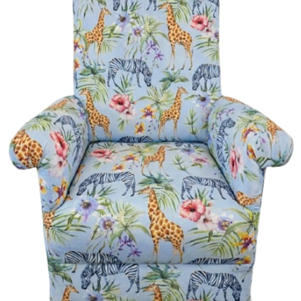 Children's Armchair Kids Chair Serengeti Animals Fabric Boys Girls Blue Zebras