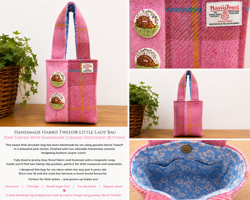 Pink Harris Tweed Little Lady Bag with Handmade Ceramic Hedgehog Buttons
