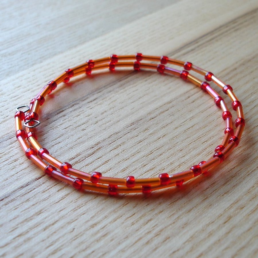 Orange and Red Glass Seed Bead Spiral Bracelet