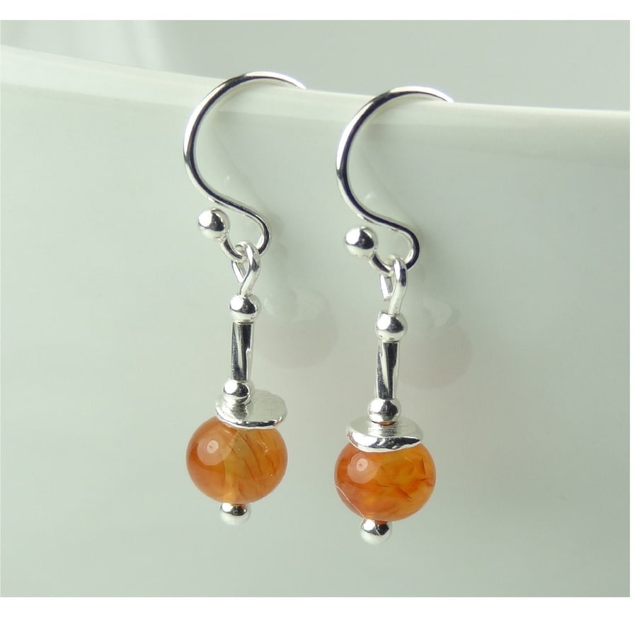 Carnelian natural stone drop earrings, sterling silver, 6mm orange, gift box