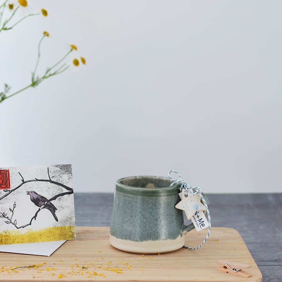 Handmade ceramic hygge espresso cup in sage-green and cream - stoneware pottery