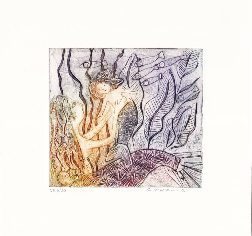 Mermaid Water Babies -  Original Collagraph Print  of a Mermaid  child swimming