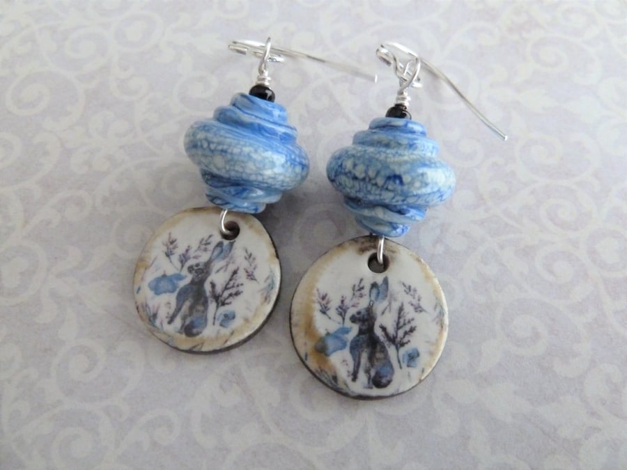 blue hare, sterling silver, lampwork and ceramic earrings
