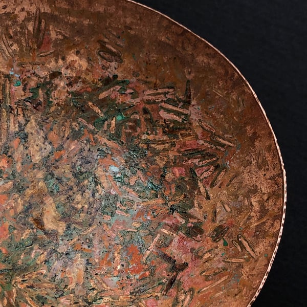 Hand raised copper bowl with colourful patina