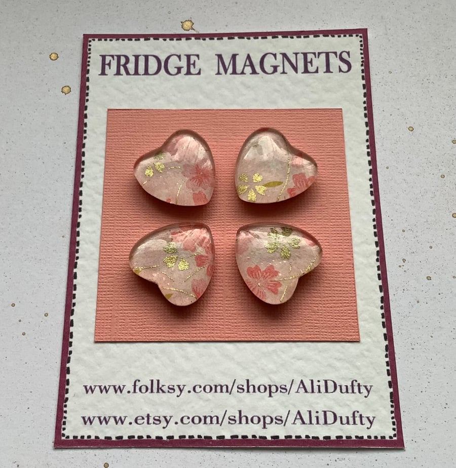REFRIDGERATOR MAGNETS ( set of 4 )  Hearts . Floral , Pink  Yuzen . 