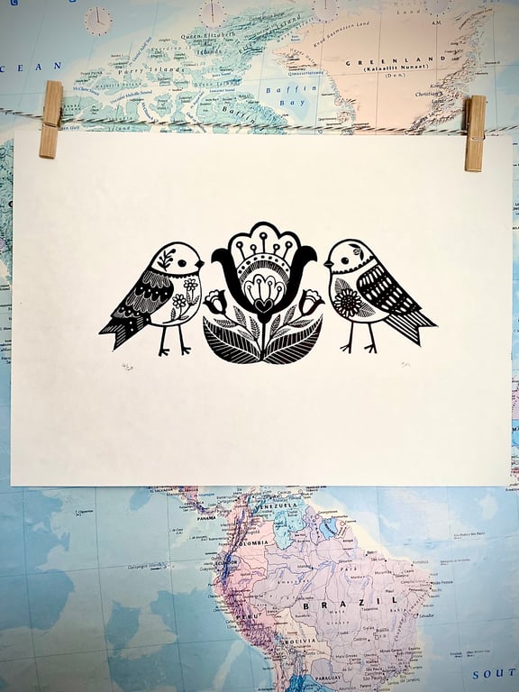 Bird Flower Bird - Limited edition lino print