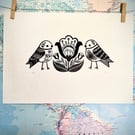 Bird Flower Bird - Limited edition lino print