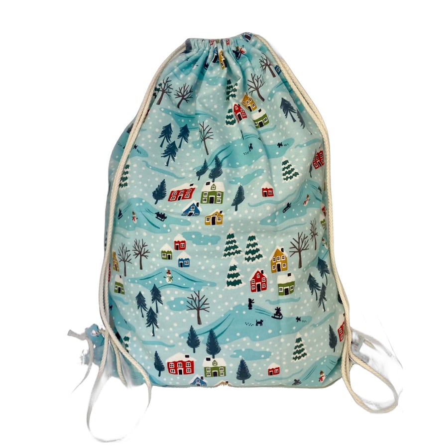 Snow Day Christmas Drawstring Backpack - Reusable Gift Bag, Handmade Project Bag
