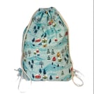 Snow Day Christmas Drawstring Backpack - Reusable Gift Bag, Handmade Project Bag