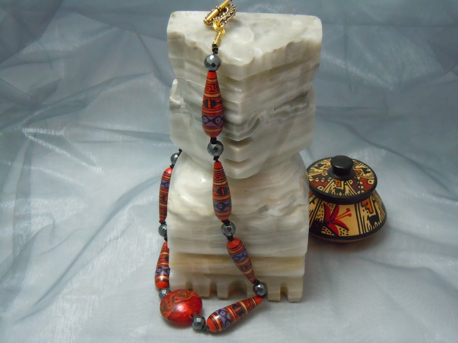 Handpainted Peruvian bead necklace & faceted semiprecious Hematite beads