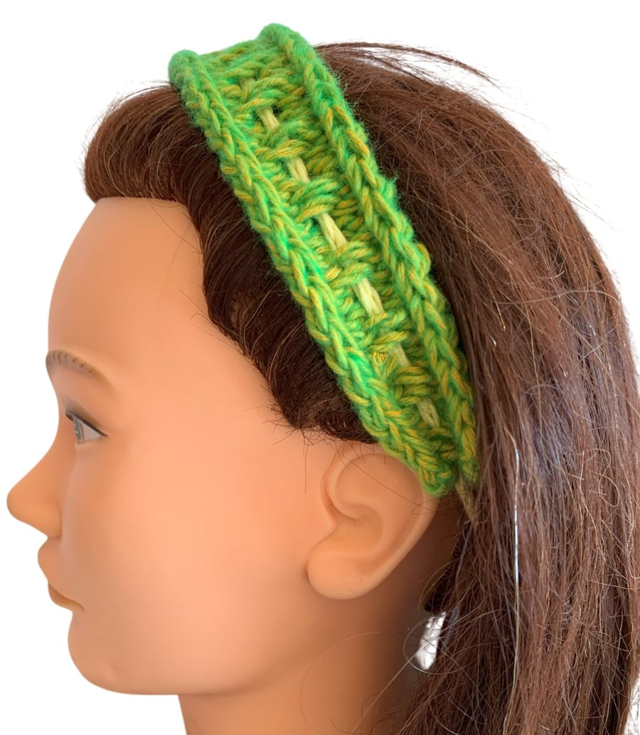 Green Yellow Handmade Knitted Hair Band Hairband Headband Adjustable tie to fit