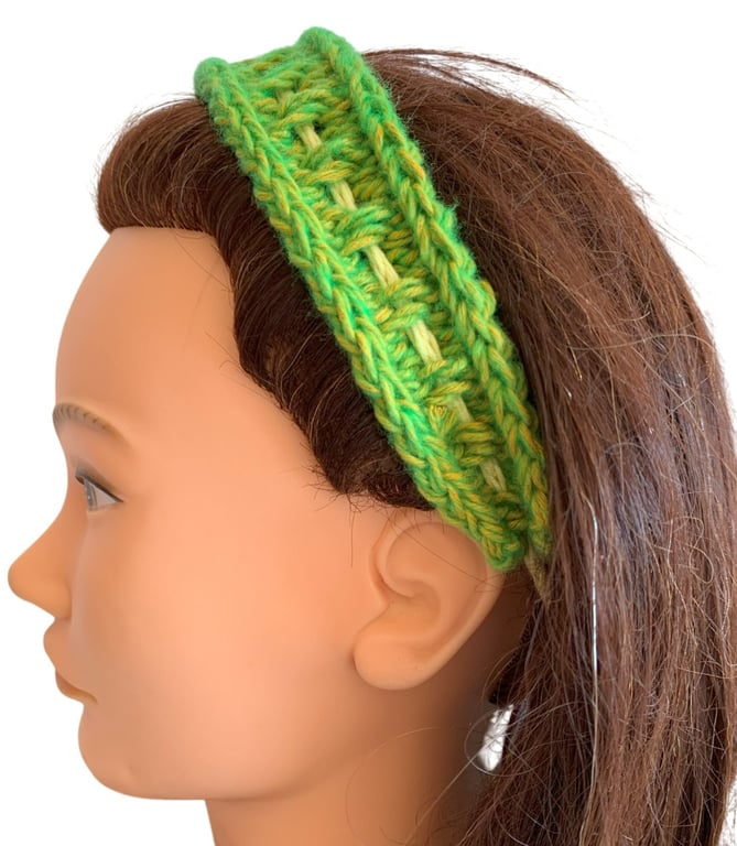 Green Yellow Handmade Knitted Hair Band Hairband Headband Adjustable tie to fit