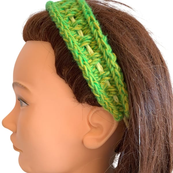 Green Yellow Handmade Knitted Hair Band Hairband Headband Adjustable tie to fit