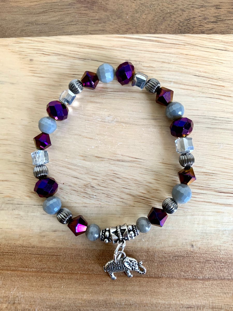 Purple & Silver Crystal Bead Bracelet with Elephant Charm 