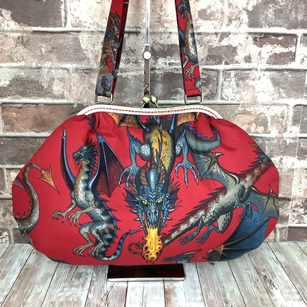 Dragons fabric frame clutch bag, Kiss clasp, 2 straps