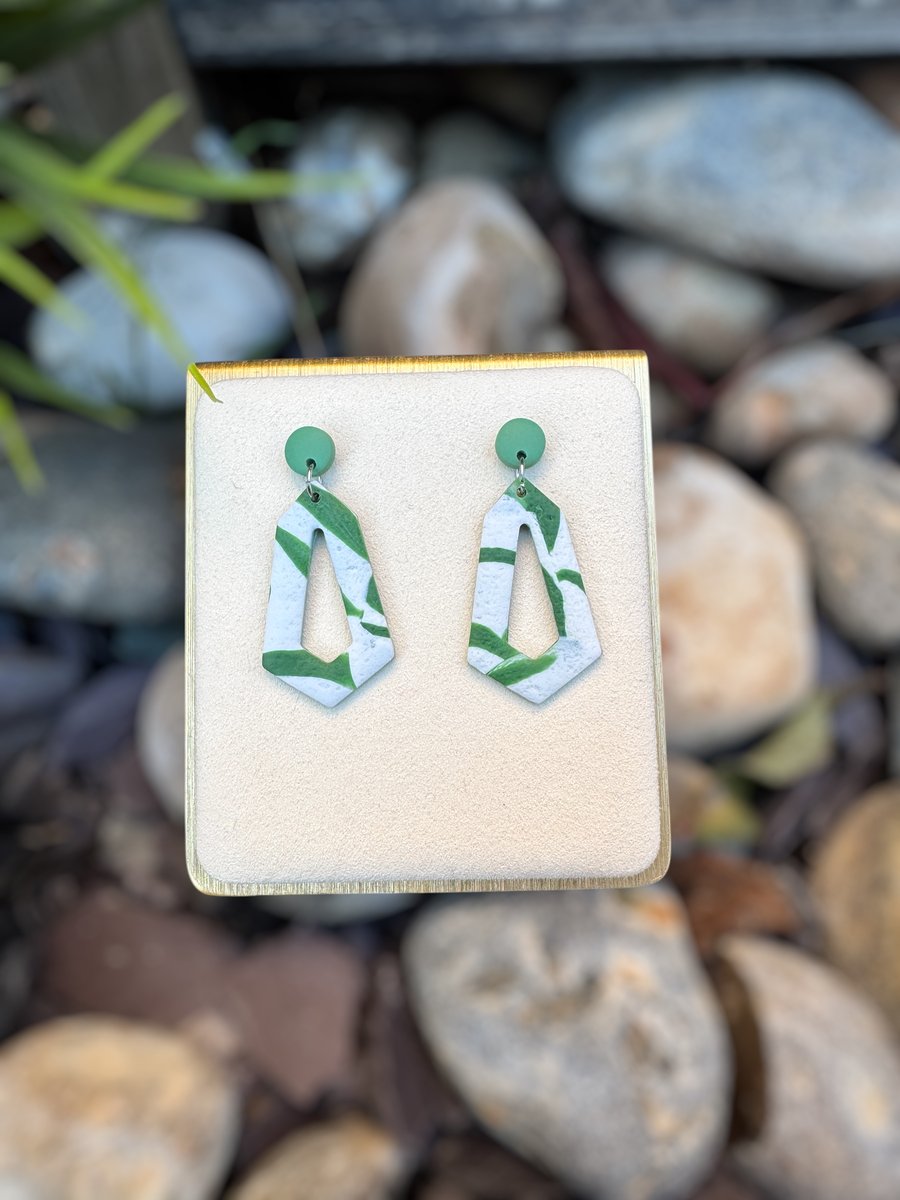 White and Green Diamond Drop Hoop Polymer clay Earrings
