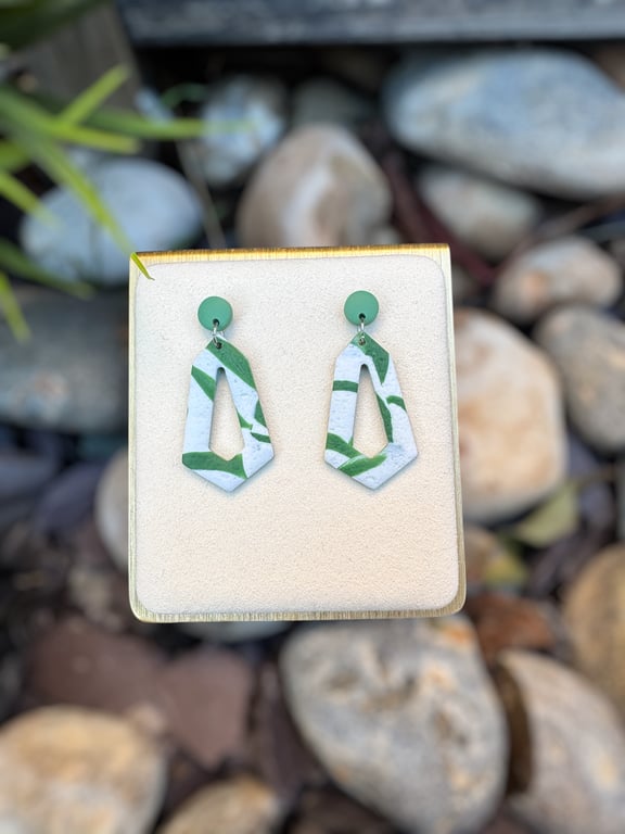 White and Green Diamond Drop Hoop Polymer clay Earrings