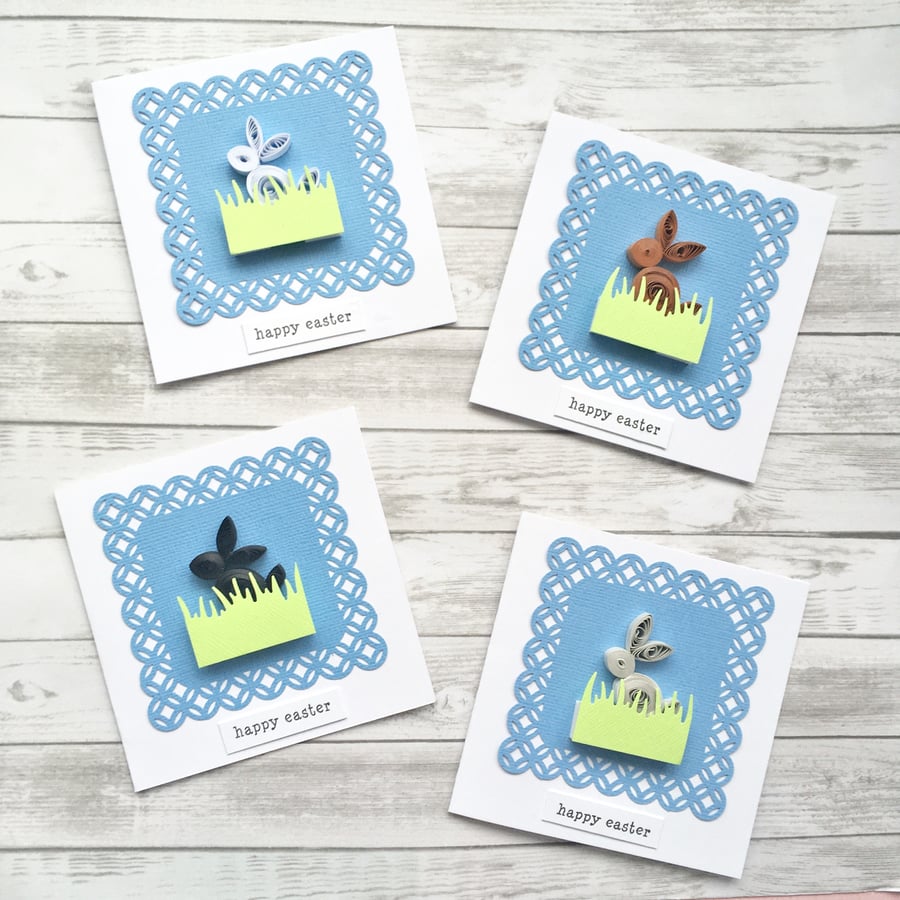 Pack of 4 small Easter cards - quilled bunnies