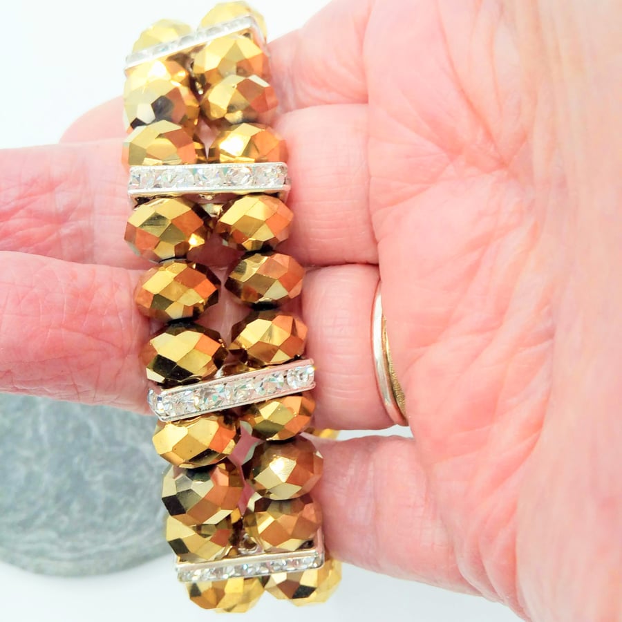 Stretch Bracelet with A Double Strand of Gold Crystal & Silver Diamante Spacers