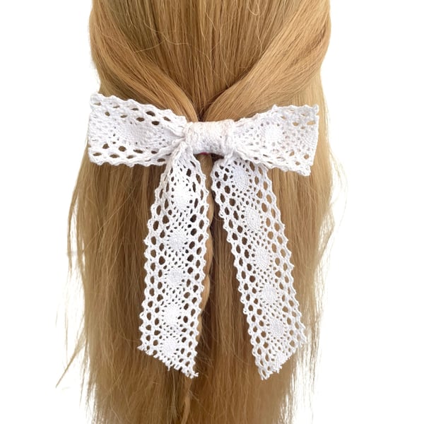 White Cotton Lace Bridal Wedding Hair Bow Clip Bachelor Party Bride Oversized 