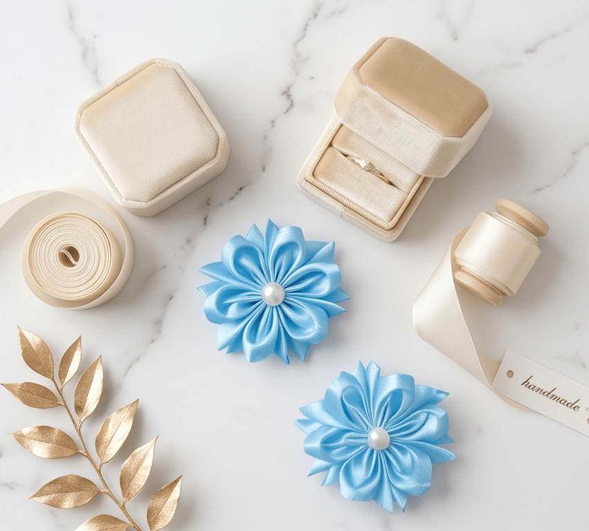 Handmade Satin Ribbon Flower Hair Clips - Pale Blue Pigtail Bows 