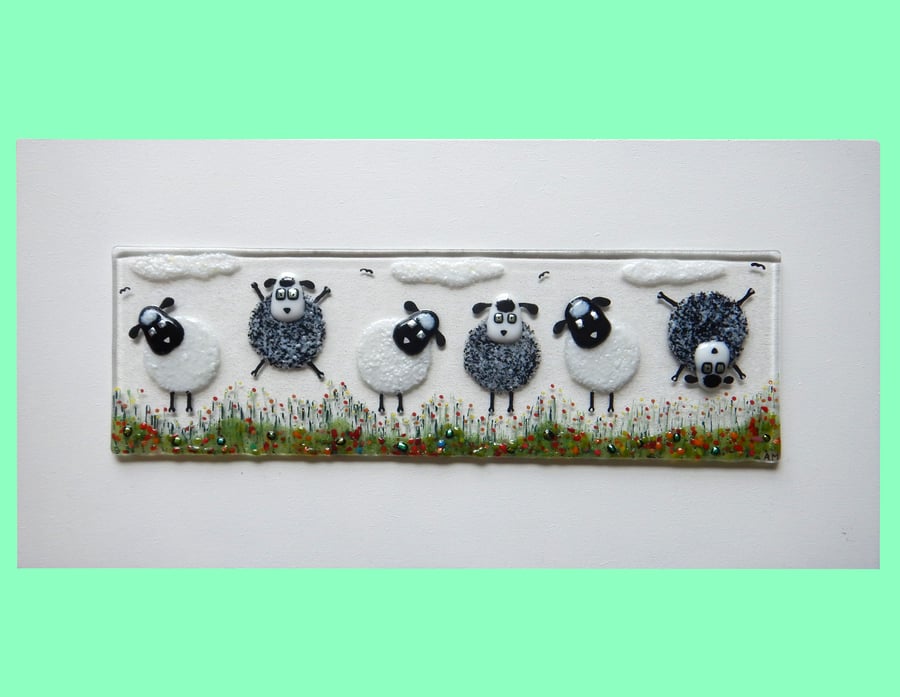 Handmade Fused Glass 'Grey Black Sheep' Picture