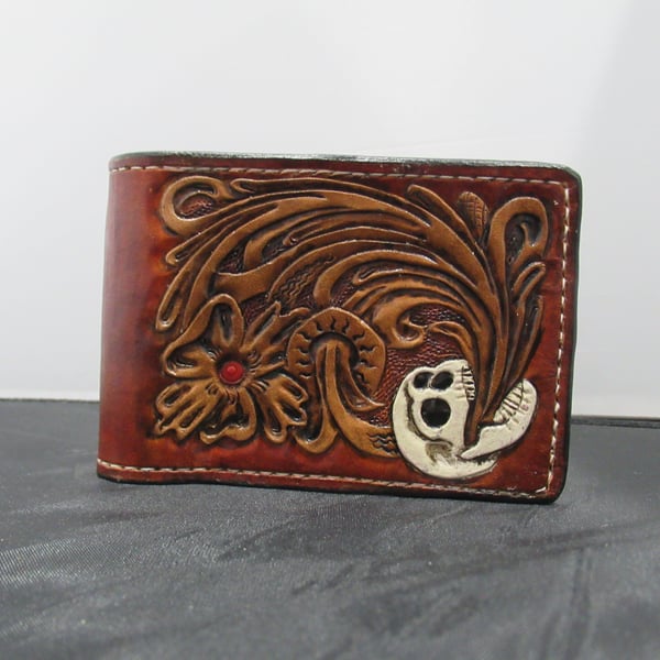 Handmade Leather Tooled Skull Bifold Wallet Tan
