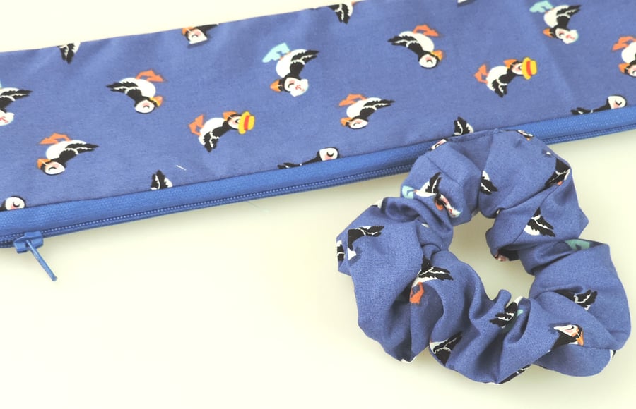 Puffin Pencil case, Zipped lined, Puffins in hats & wellies & hair Scrunchie